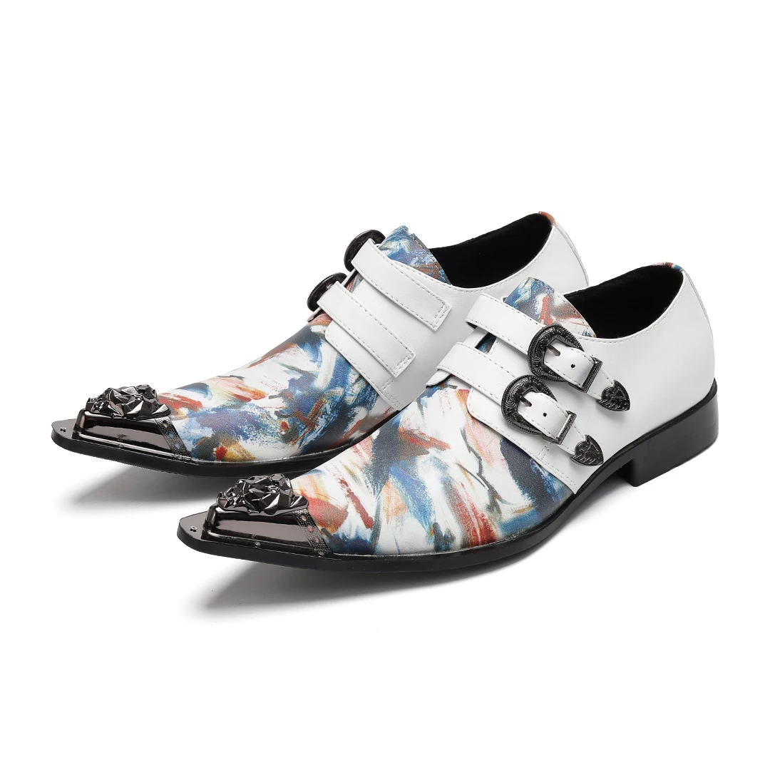 

British White Pattern Wedding Birthday Party Men Leather Shoes Pointed Toe Business Brogue Shoes Male Buckle Formal Oxford Shoes