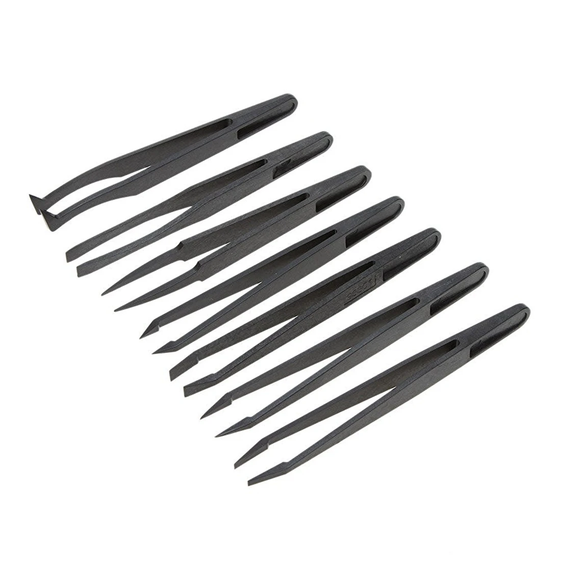 7 Stück schwarzer Kunststoff anti statische Flach boden Pinzette Handwerkzeug Set