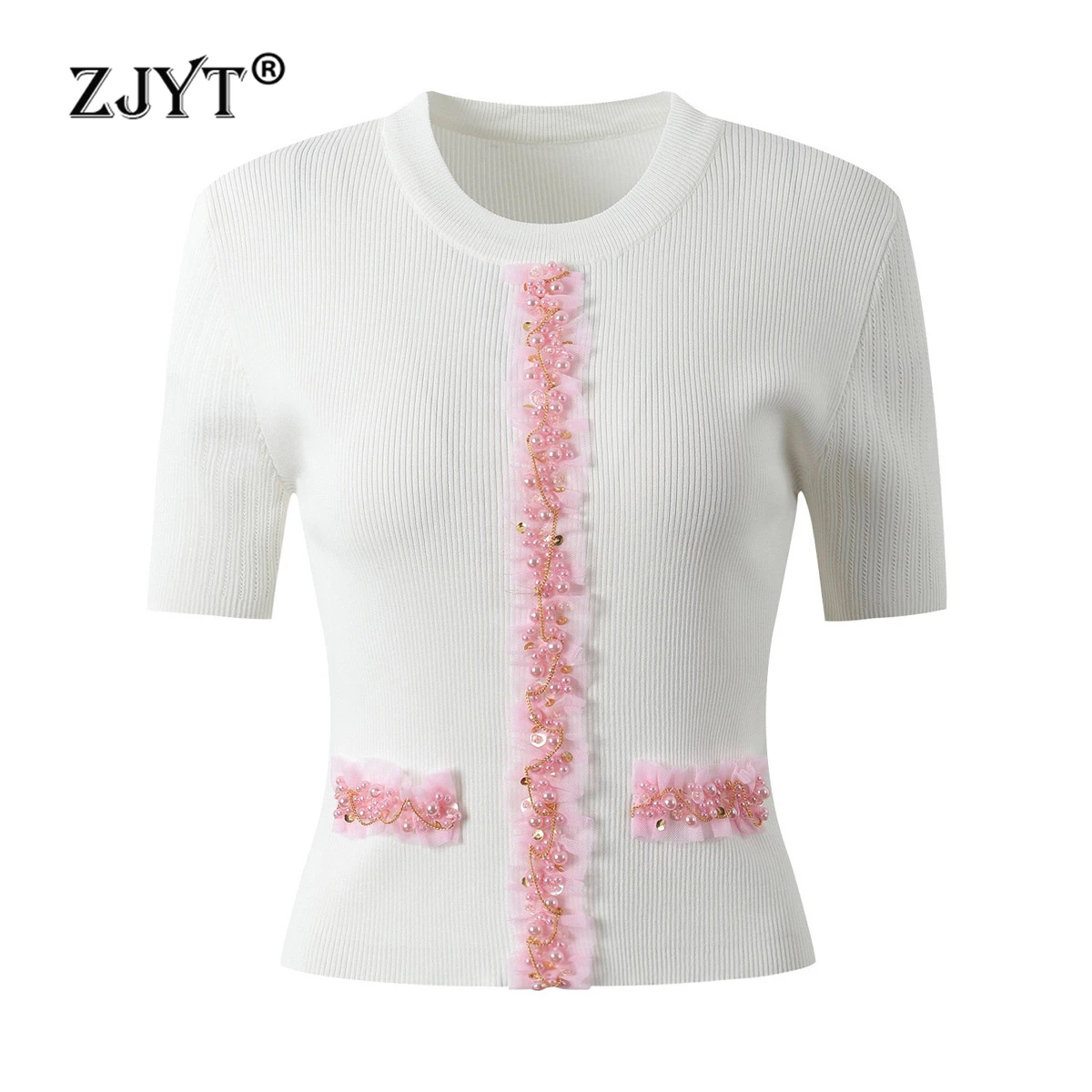 ZJYT Pearls Pullover Knitted Sweater Tops for Women Short Sleeve Summer Knitwears White Jersey Mujer Fashion Female Clothing