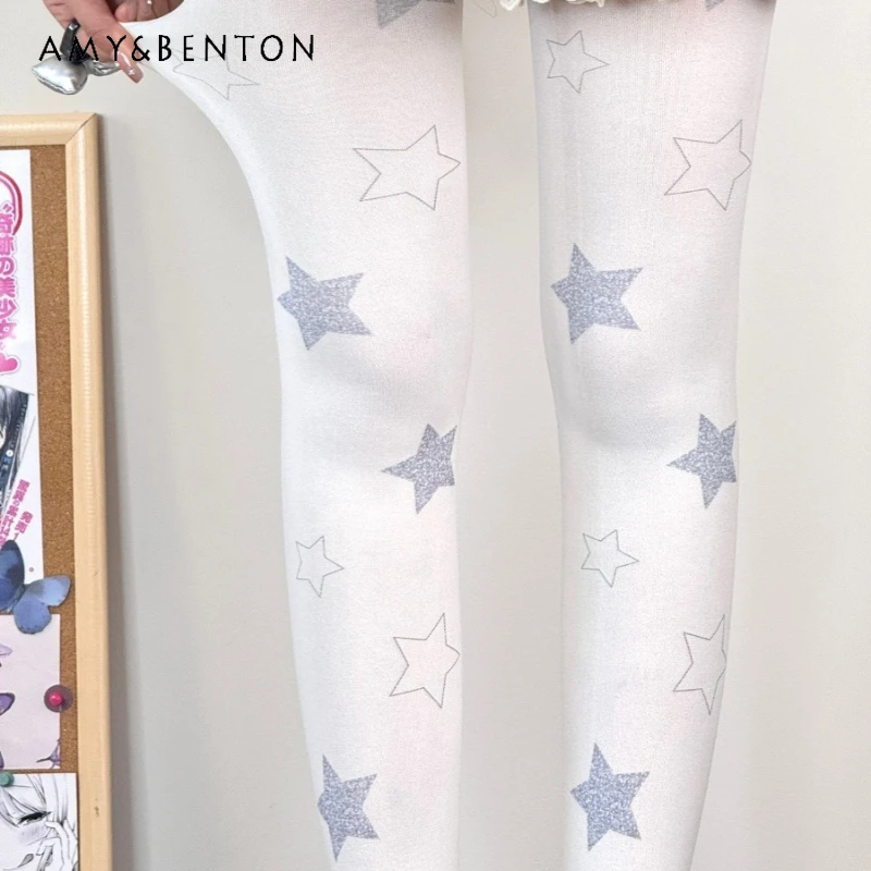 Japanese Design Lolita Girl Sweet Five-Pointed Star Velvet Women's Socks 2025 Spring Autumn New White Bottoming Tights Ladies