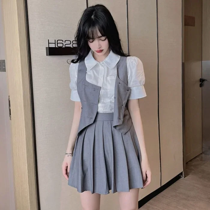 Gege's Online Celebrity Preppy Sexy School Uniform Three-Piece Set Vest Suit + High Waist Pleated Skirt Jk Uniform Set