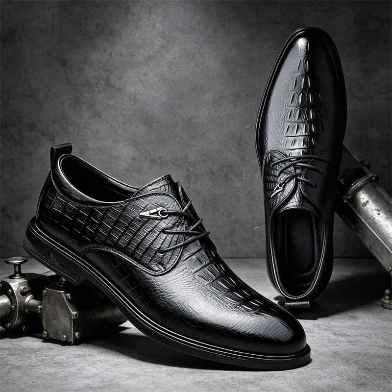 Classic Black Men's Comfortable Lace Up Leather Shoes Fashionable Autumn Men's Round Head Layered Cowhide Business Leather Shoes