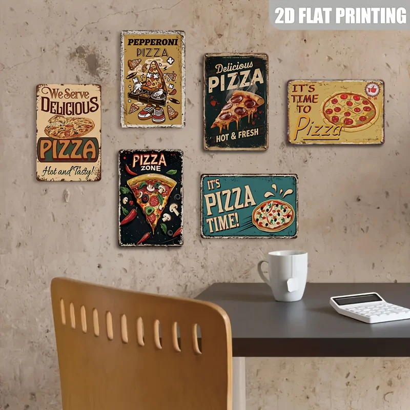 2D Flat Style, []2D Flat Style, [2D Flat Style] 6pcs Set of Delicious Pizza Wooden Signs, Vintage Wood Craft Decorative Plaques,