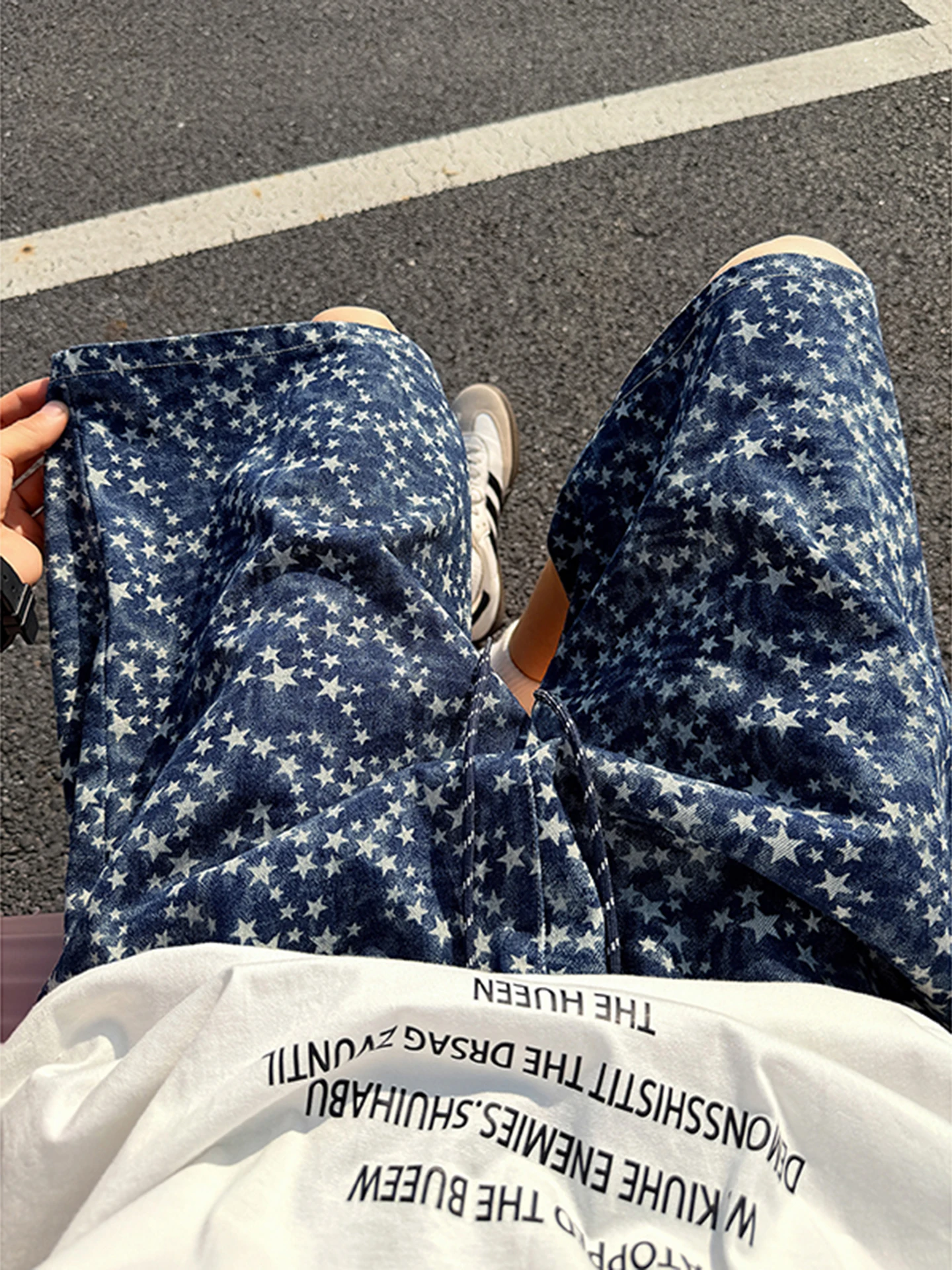 

American Retro Star Print Denim Shorts Men's Summer New High-End Feeling Cool Straight Casual Five-Quarter Pants