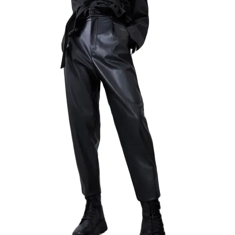 2024 New Fashion Autumn Winter Women High Waist Black Faux Leather Pants Lady PU Loose Pencil Trousers Elegant Pocket Streetwear