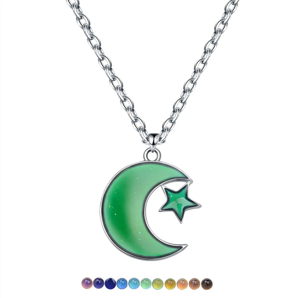 1 Stück Temperatur-Farbwechselnde Halbmond-Stern-Anhänger-Halskette, Edelstahl-Kette Stimmungs-Schmuck Geschenk für Frauen Mädchen