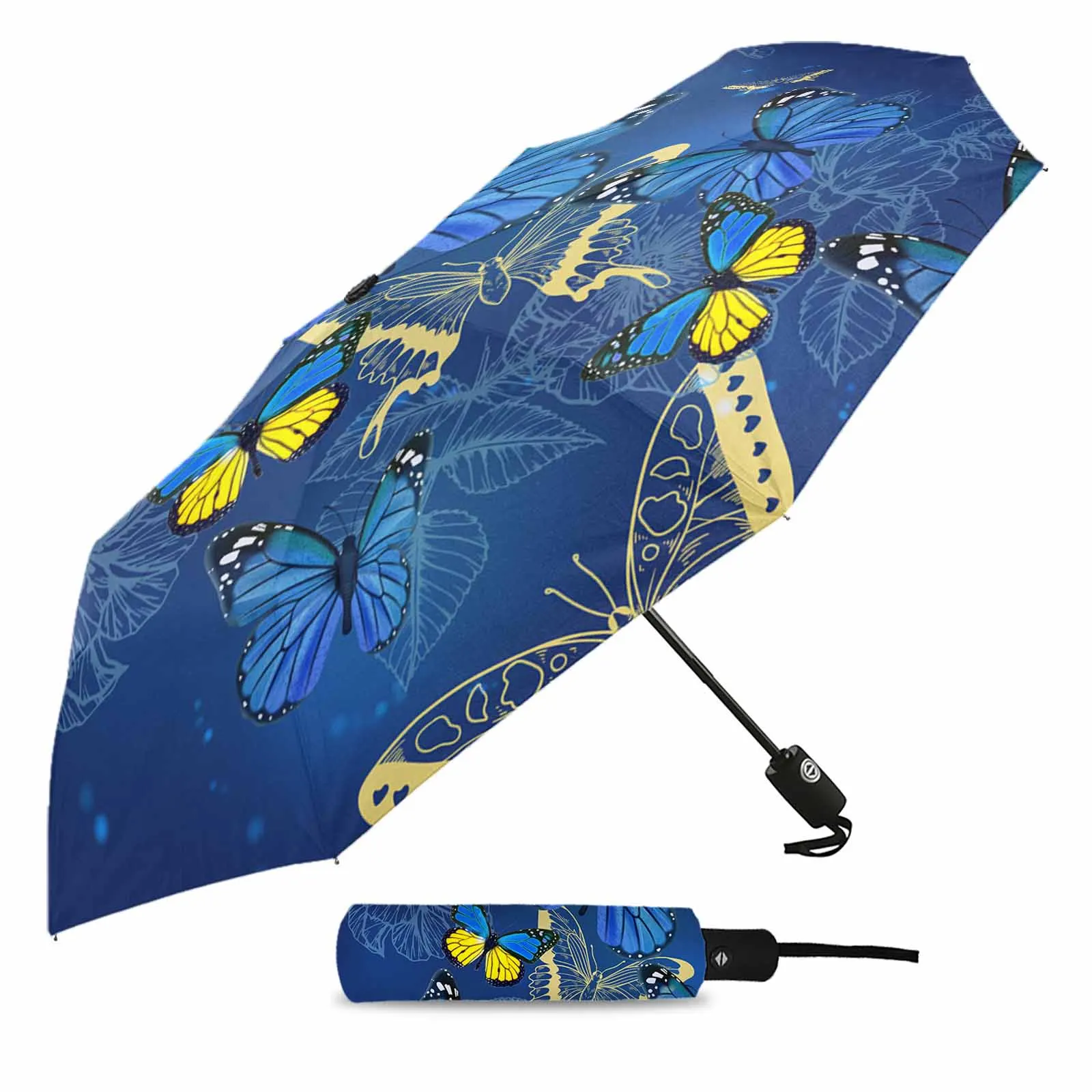 Butterfly Flower Blue Flower Automatic Umbrella for Rain Foldable Parasol Umbrella Eight strand Outdoor Umbrellas