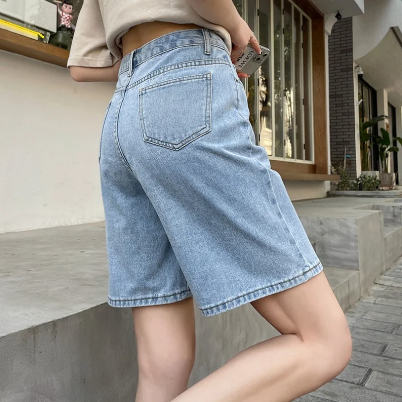 Korean Style Classic Denim Shorts Women Summer Blue High Waisted Shorts Wide Leg Pants Streetwear Stright Jeans Womens Shorts