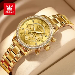 OLEVS Women's Quartz Watch Luxury Diamond Dial Gold Stainless Steel Waterproof Classic Three Small Dials Watch for Women New In