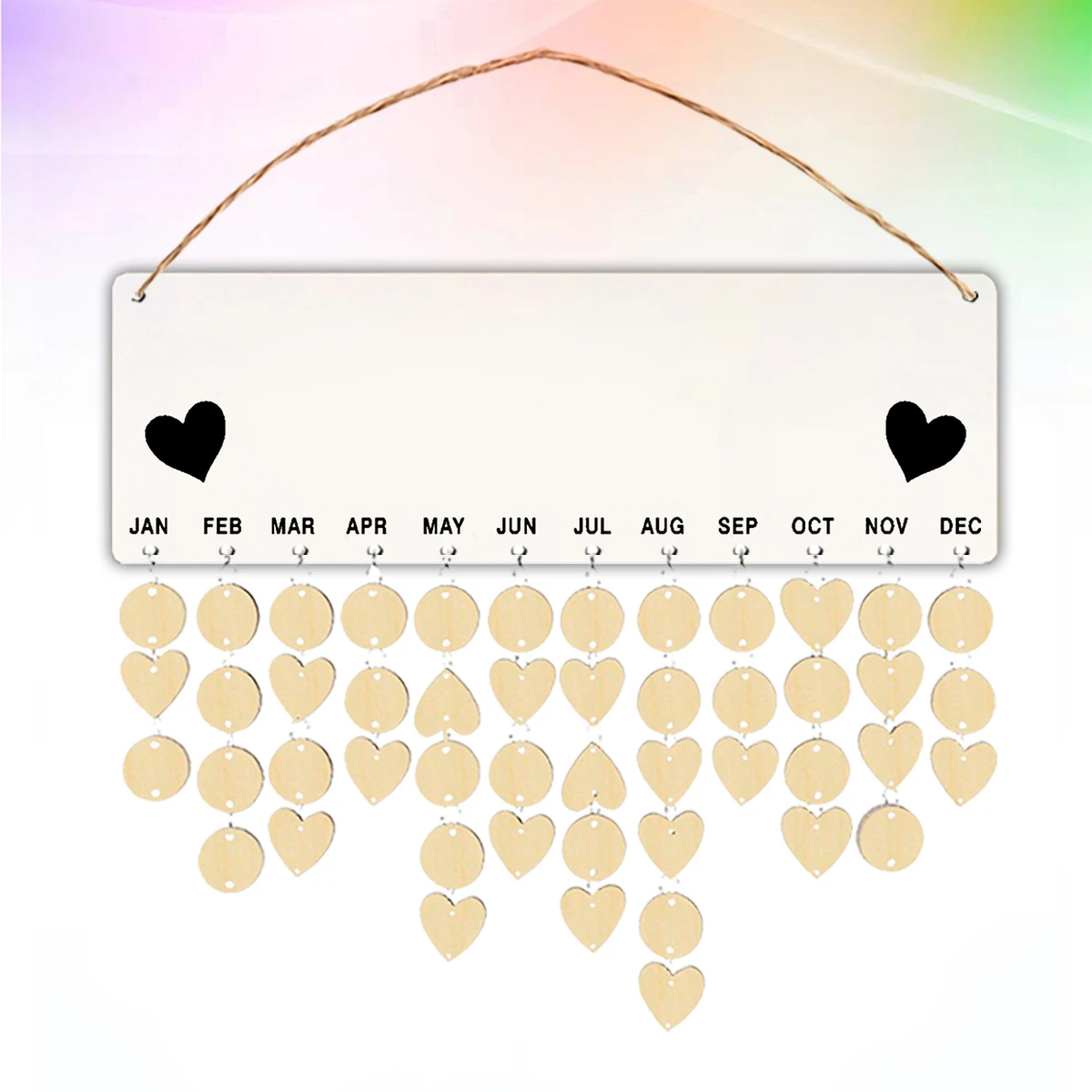 

Birthday Reminder Board Wooden Hanging Calendar with Round Heart Chips DIY Date Display Decoration for Living Room Bedroom