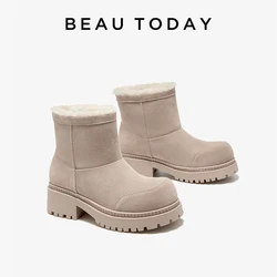 BEAUTODAY Snow Boots Women Cow Suede Round Toe Slip On Solid Color Warm Winter Ladies Wool Shoes Handmade 08077