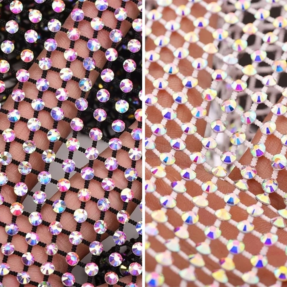 

Black Glass Rhinestones Mesh Applique Fabric Sewing Elastic Bling Crystal Trim Hollow Tape Net for Dress Garment Head Scarf