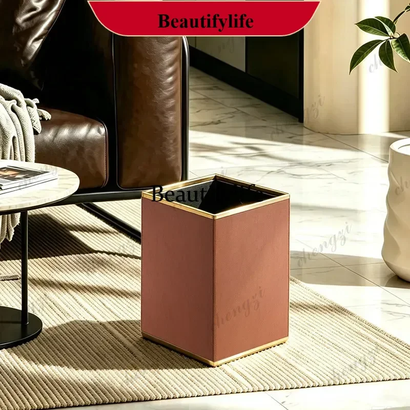 Simple Luxury Waste Bins Leather Square Waste Bins Large Capacity Metal Frame Waste Bin Living Room Household Merchandises