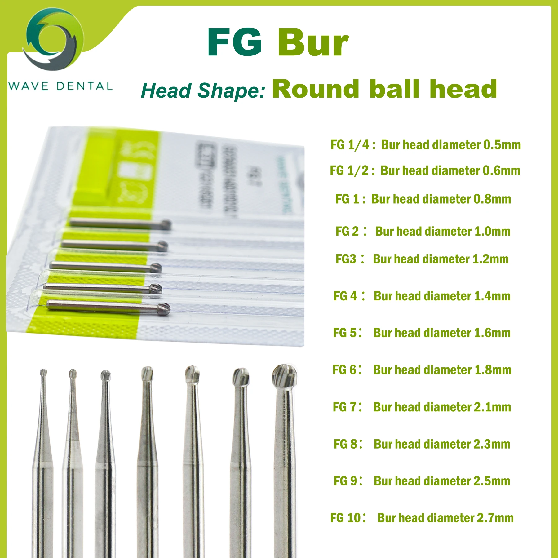 

PRIMA WAVE Dental Tungsten Carbide Burs FG Bur Round Head High Speed Handpiece Dentistry Drill 5Pcs/Pack