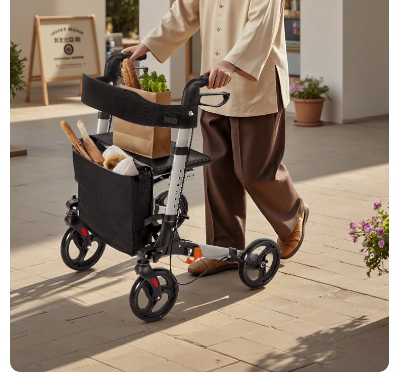 سكوتر مشي لكبار السن متعدد الوظائف قابل للطي، مساعد للقيادة، ارتفاع قابل للتعديل مع جهاز مضاد للسقوط