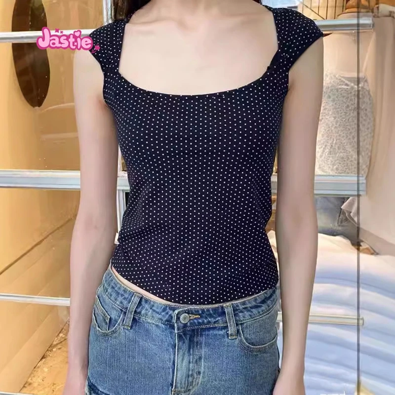 American Retro Black Polka Dot Short Sleeve T-shirt For Women Square Collar Slim Tank Top Cotton Blend Tight Y2K Tee 2024 New — zdjęcie 2