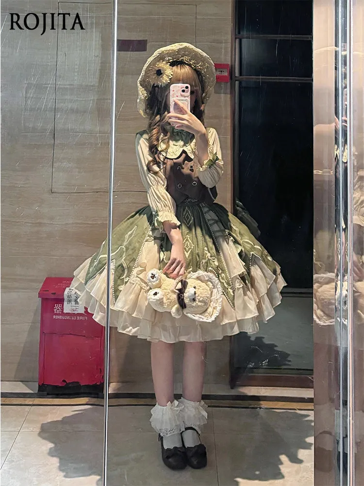 Green Idyllic Lolita Skirt Set Princess Cute Elegant Sweet Three-piece Set puffy-sleeve blouse and tiered skirt +vest