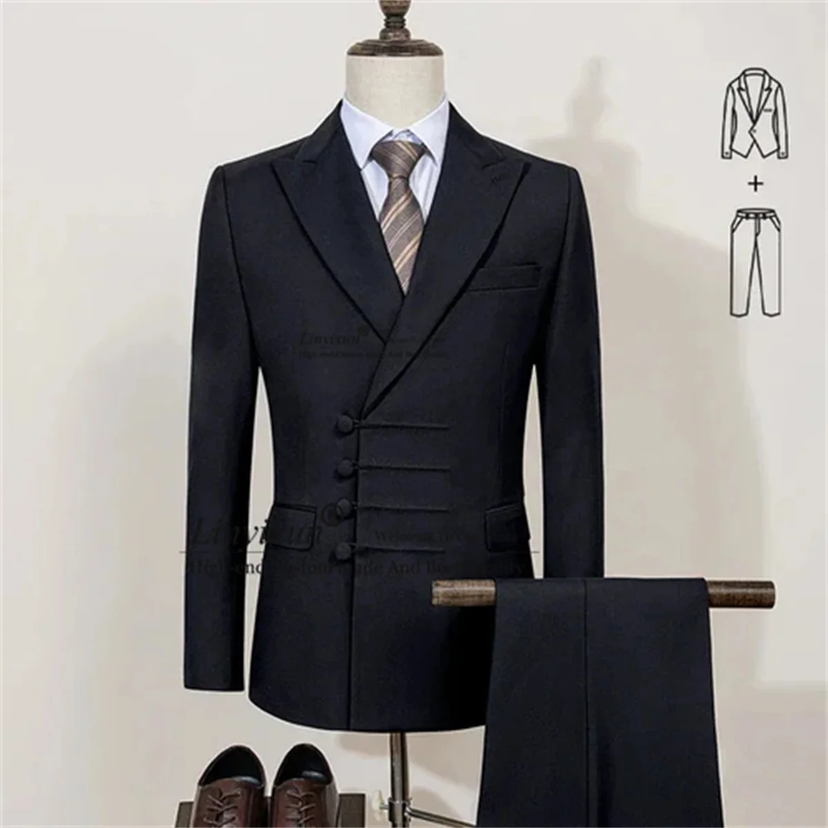 Costume Homme Sur Mesure pour Mariage, Coupe Slim, Double Boutonnage, Plusieurs Boutons, Tenue Décon