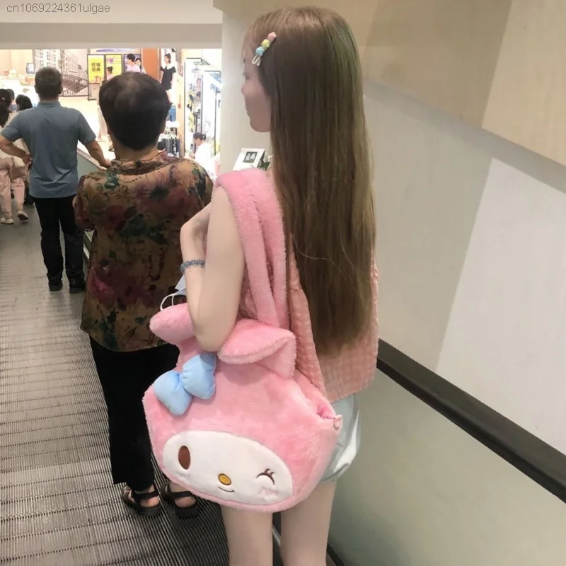 Sanrio Melody Cute Plush Bags Women Casual Tote Girls Handbag Soft Pink Shoulder Bag Y2k Cartoon Japanese Style Fashion Backpack