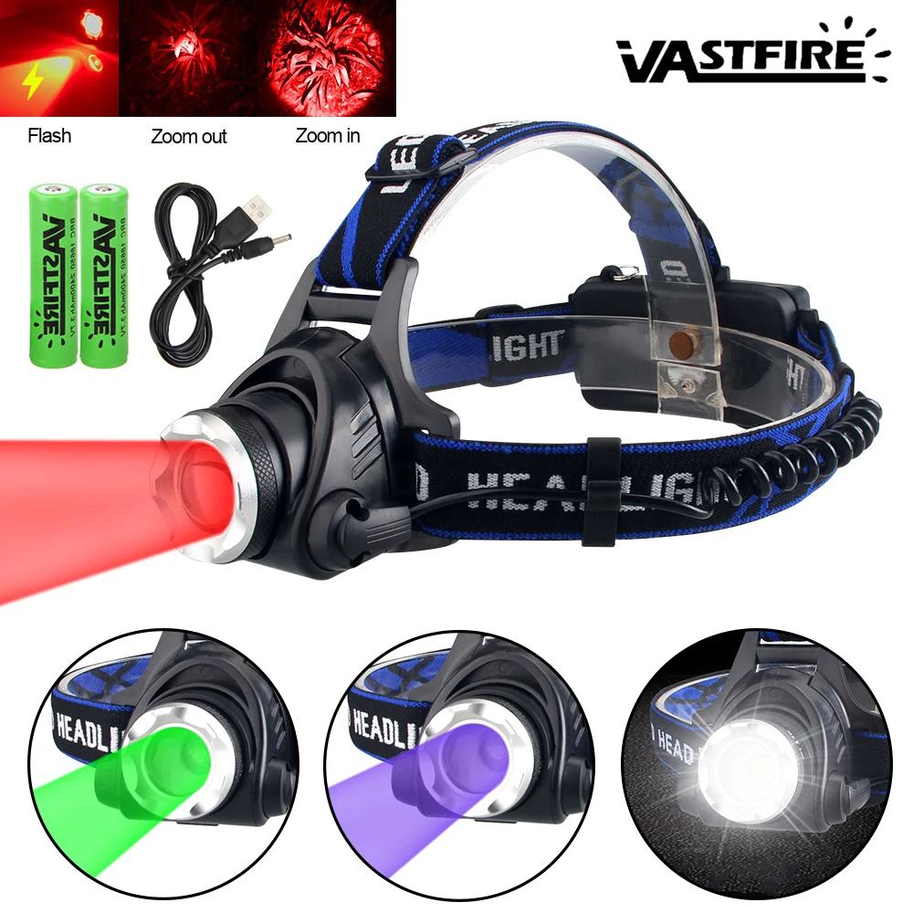 Tactical Headlamp Zoomable Red/Green/Purple/White Light Headlight Hunting Head Torch LED USB Charging 3 Modes Headlamp Power