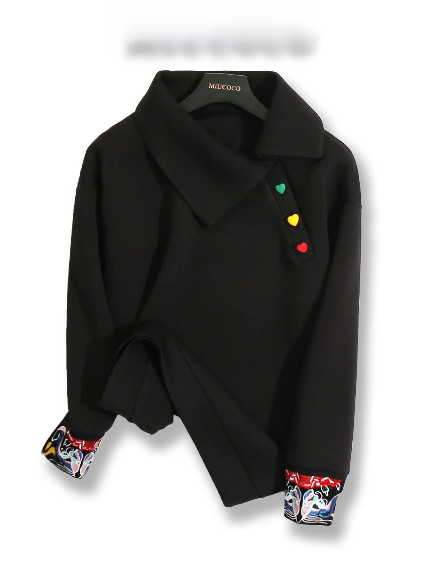 

Black Embroidered Loose Fit Sweatshirt Women's Large Collar Lazy Fashionable Casual Cotton Neck Long Sleeve T-Shirt