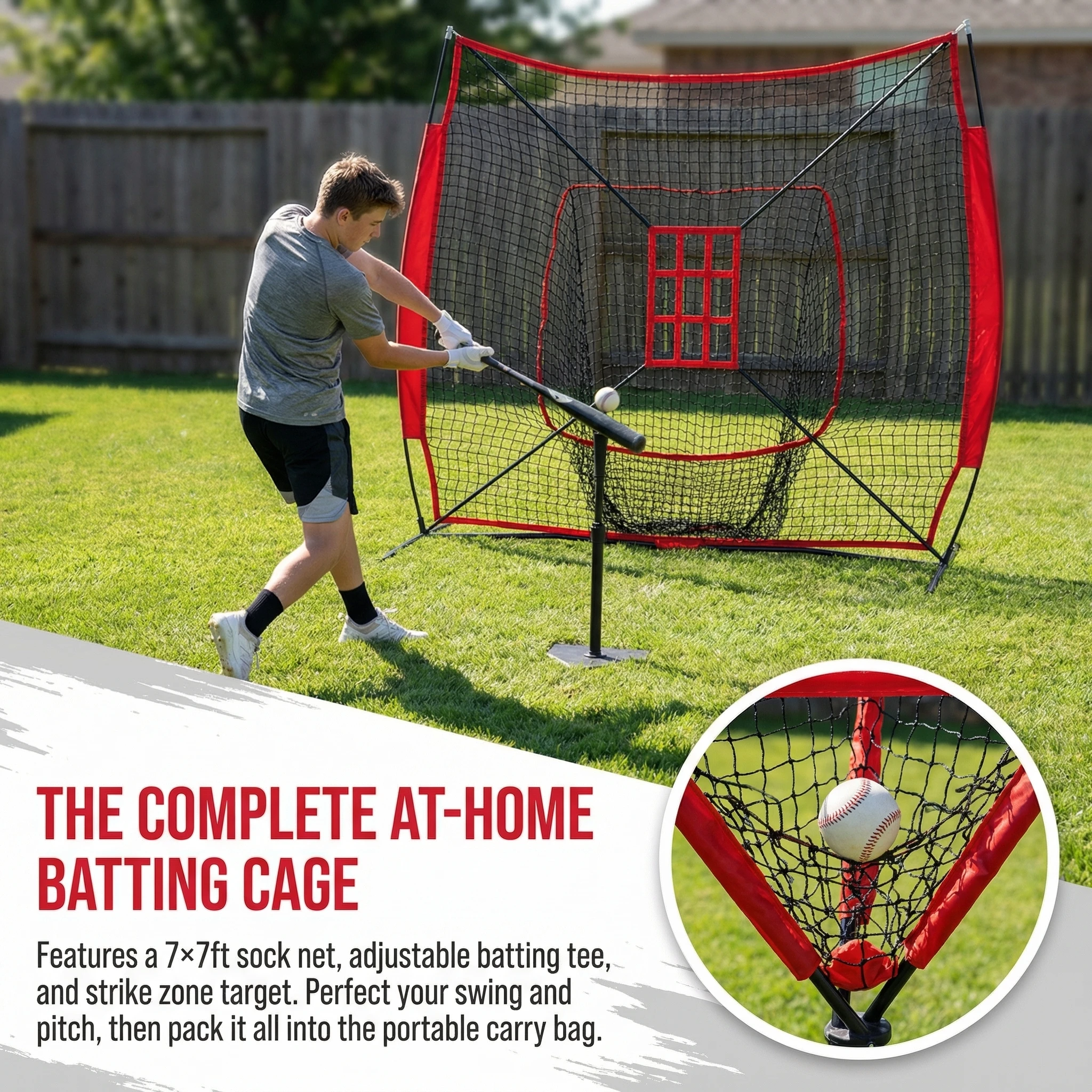 Baseball Softball Batting Net - 7x7 Ft Baseball Backstop, Softball Practice Net for Hitting, Pitching, Throwing with Batting Tee
