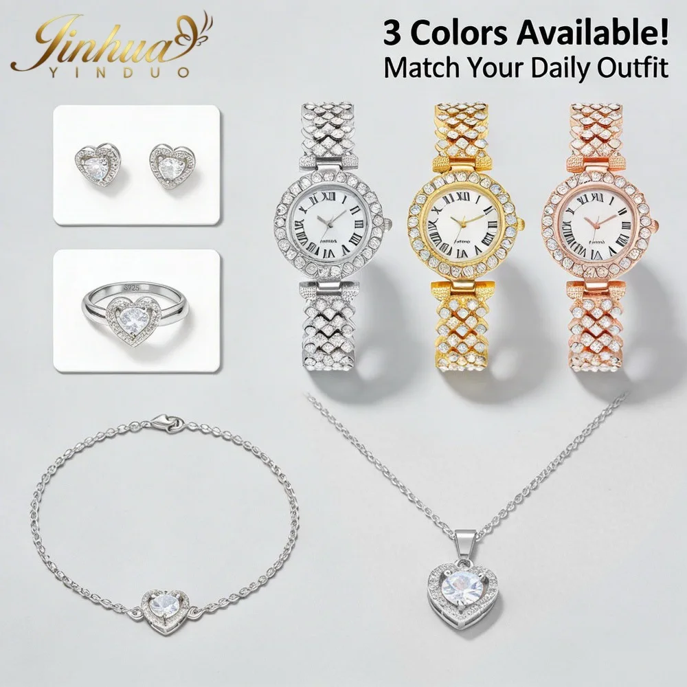 

5Pcs 925 Sterling Silver Luxury Heart Zircon Jewelry Set for Gift Wristwatch Necklace Earrings Ring Bracelet Collection Sets