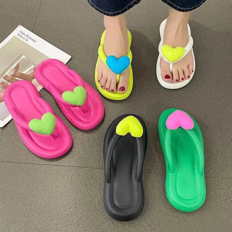 Summer Candy Colors Flip Flops Beach Love Heart Bowknot Soft Bottom Flat Slippers Women Outdoor Non Slip Flat Slide Sandals Ship