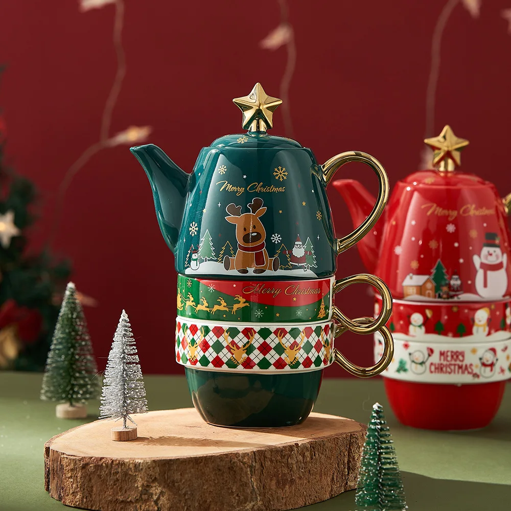 Christmas Teapot Mug Gift Decoration Set Drinkware Party Decoration Coffee Cup with Lid Cartoon Cute Ceramic Mug Tea Cup