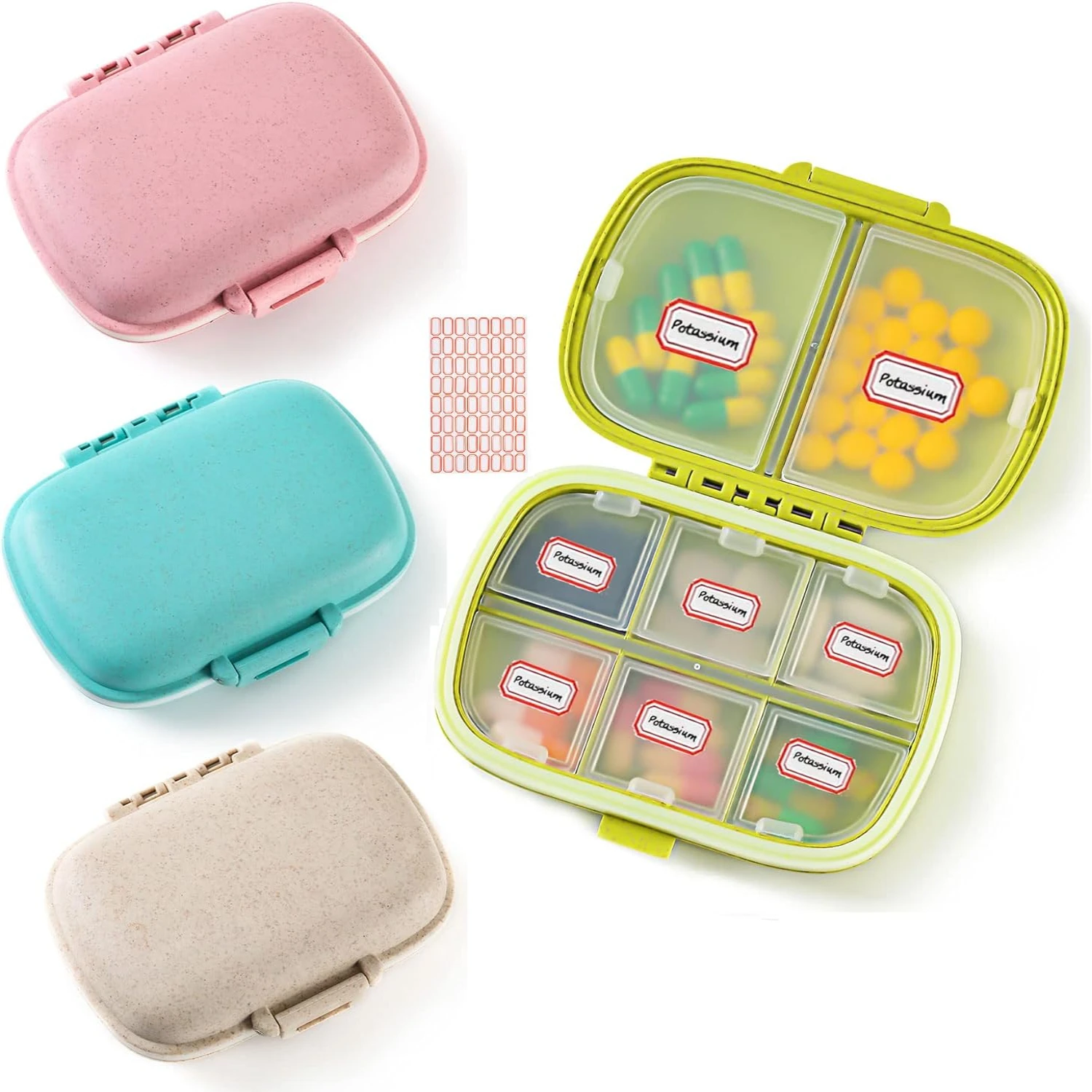 4 Pack Organizer, Daily with Label, 8 Compartment Travel for Pocket Purse, Medicine Case, Waterproof Portab