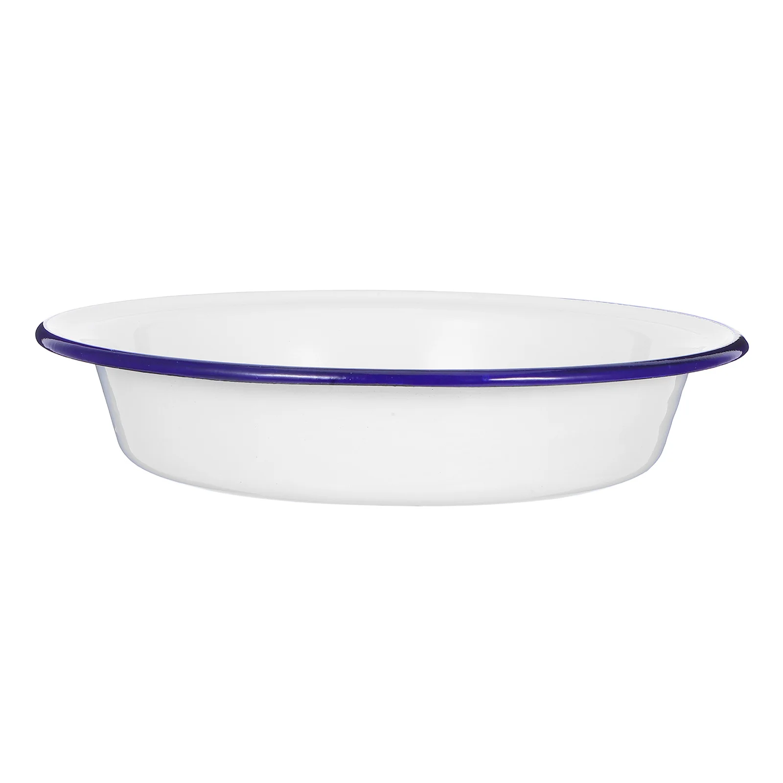 

Thickened Vintage Enamel Round Fruit Platter Large White Blue Rim Serving Tray Versatile Baking Dish Family Dinner Plate