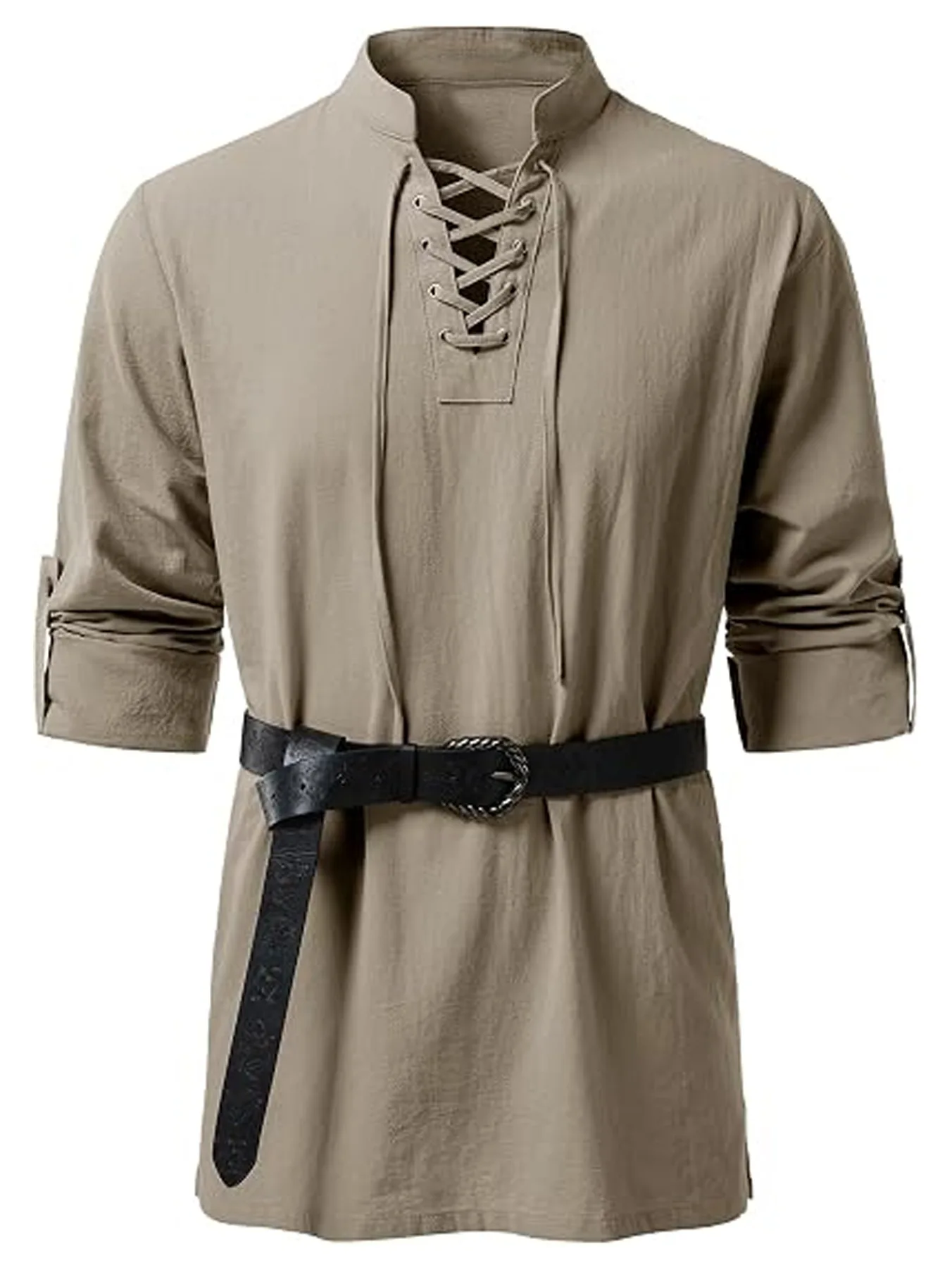 Men's Medieval Lace Up Tunic Shirt Renaissance Viking Pirate Costume Long Sleeve Retro Tops with Belt for Halloween Cosplay