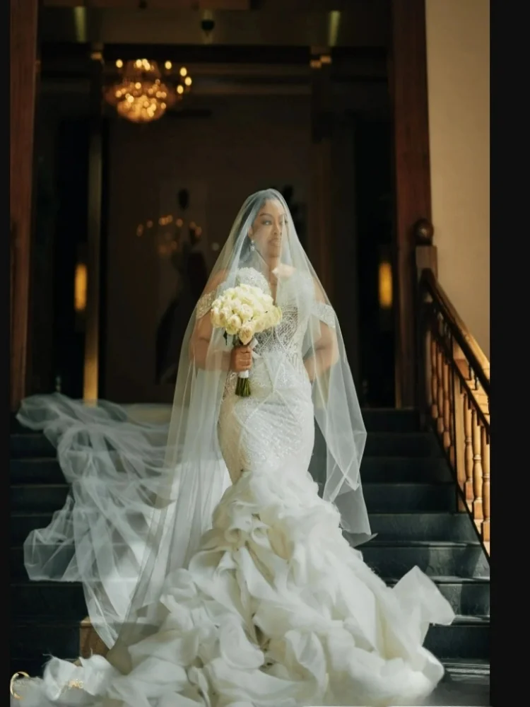 Customized  Off the Shoulder Africa Shinny Beads Crystals Wedding Dress Robe De Mariée Cathedral  Cascading Ruffles  Bridal Gown
