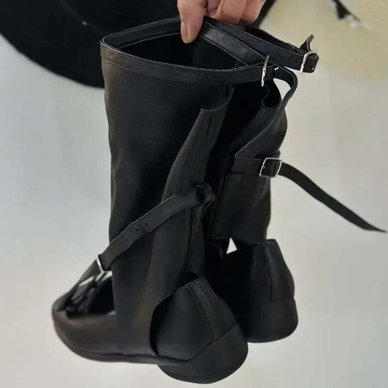 new-square-toe-belt-hollowed-out-boots-pile-up-boots-niche-style-bow-ballet-shoes-women's-leather-short-boots