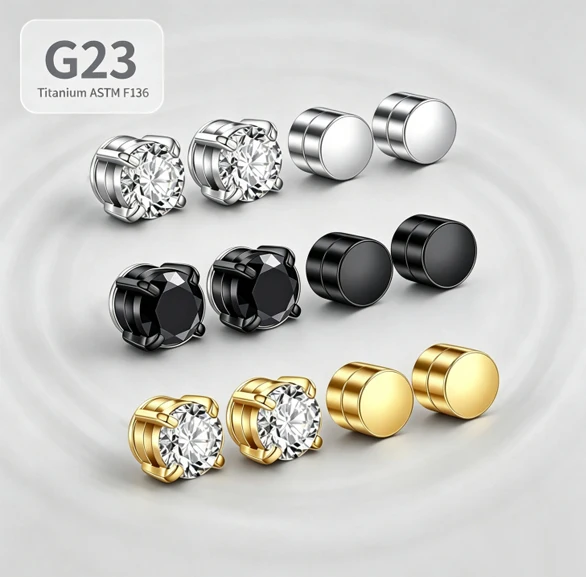 4 Pcs Stainless Steel Round Zircon Strong Magnetic Fake Piercing Earrings for Men Women Ear Studs Clips Small Earrings Gif