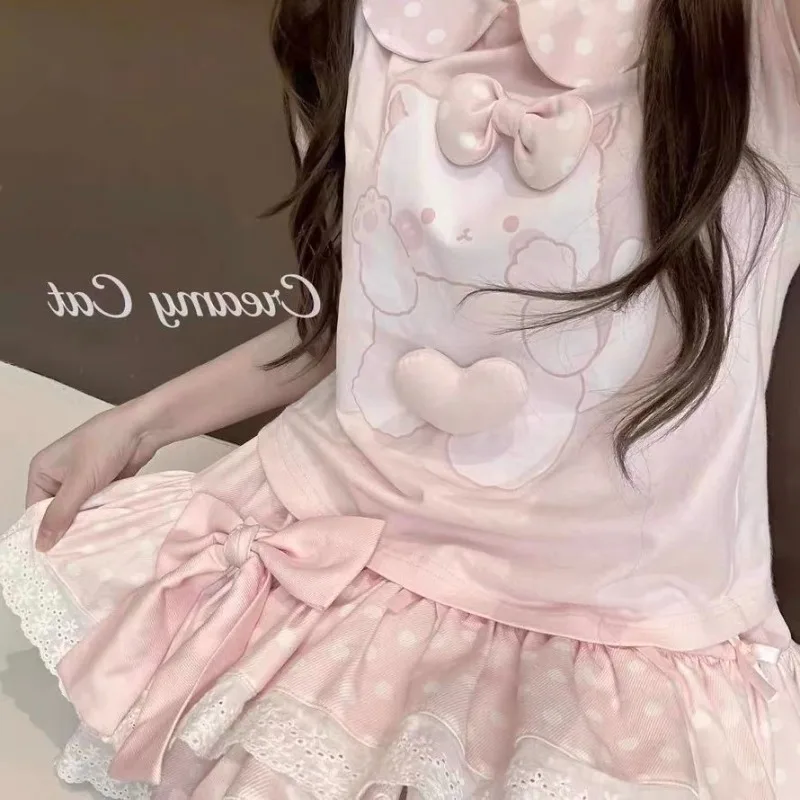 Pink Japanese Style Y2k Sweet Cute Girl Bow Soft Sister A-line Skirt Daughter Polka Dot Lolita Cake Mini Korean Skirt Slim