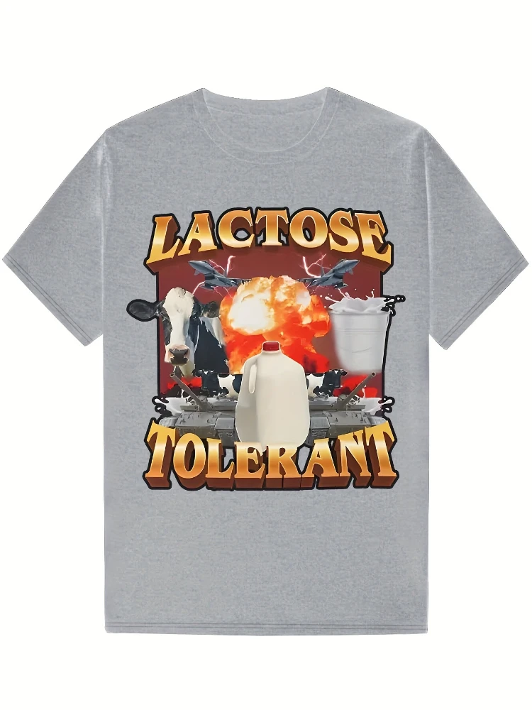 تصميم "Lactose Intolerant" مع تصميم حيوانات المزرعة وعناصر البارنيارد - تي شيرت مطبوع برقبة دائرية من القطن بنسبة 100%.