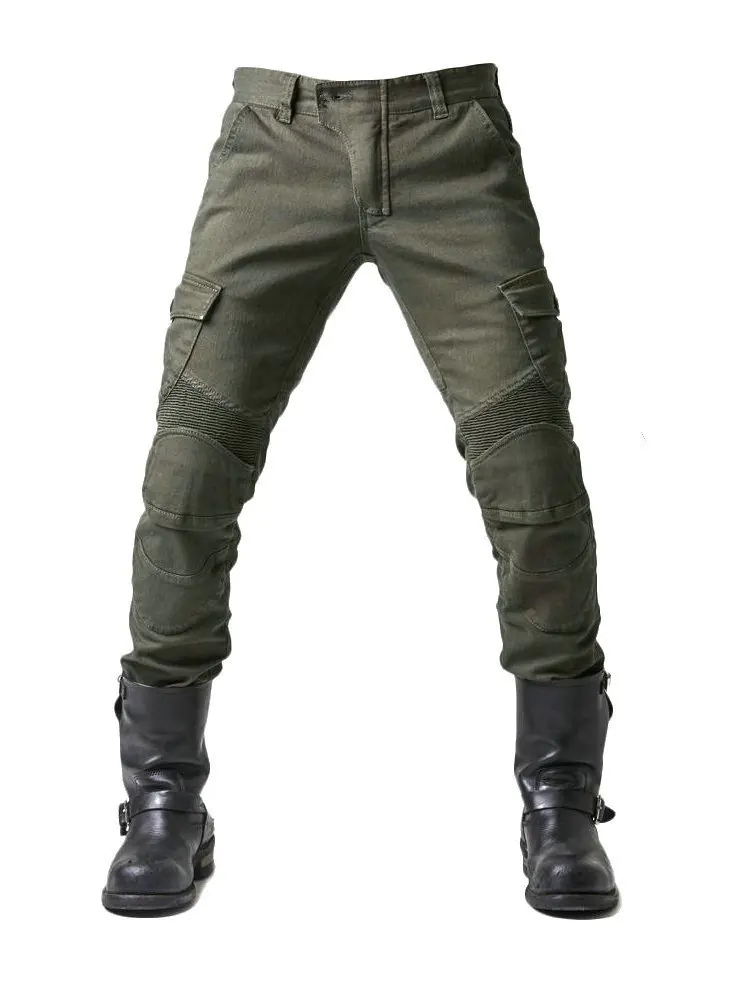 

Cycling pants, men's summer motorcycle locomotive anti-drop knight equipment, four-season elastic denim army green racing pants