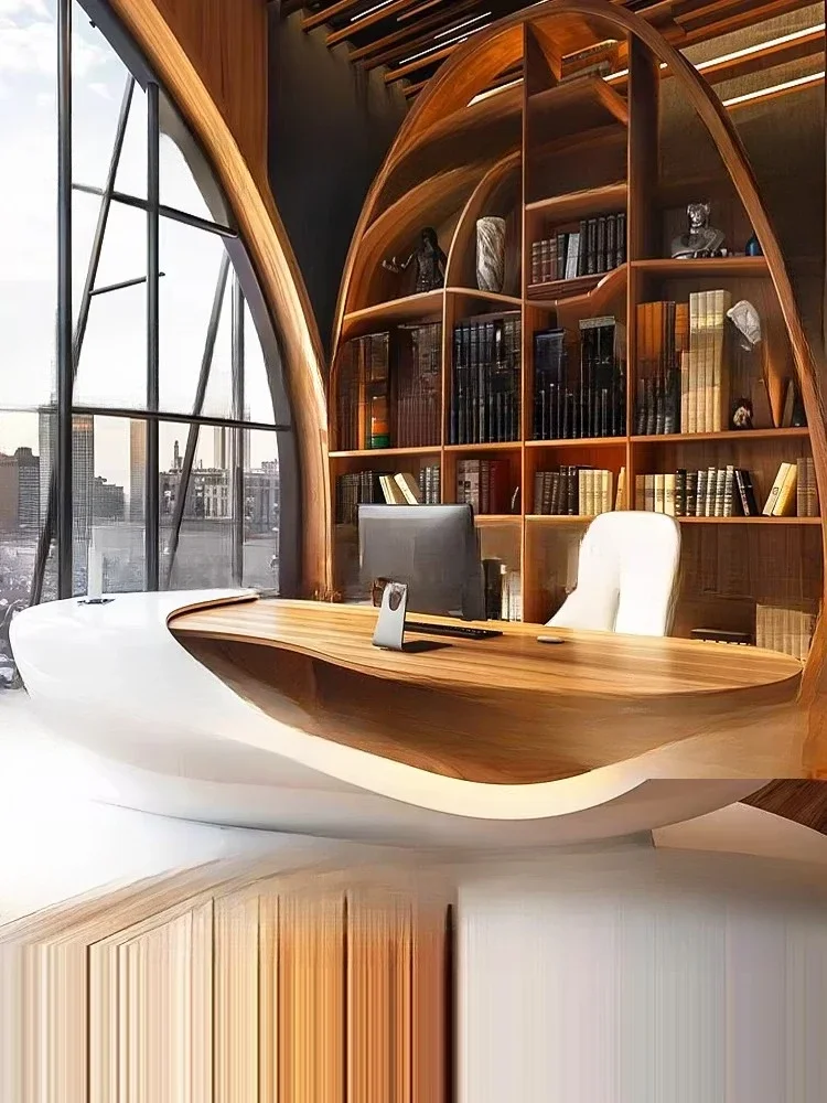 White solid wood boss table, log style home desk creative computer desk