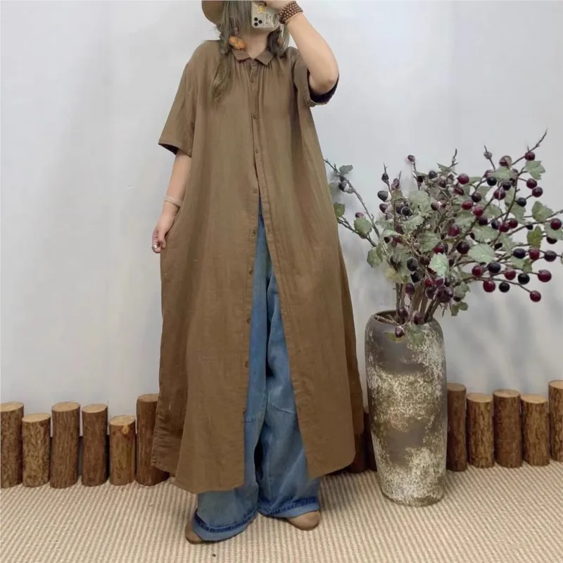 

Johnature Japanese Lapel Cotton Yarn Long Shirt Women Summer New Loose Casual Simple Versatile Single-breasted Blouses