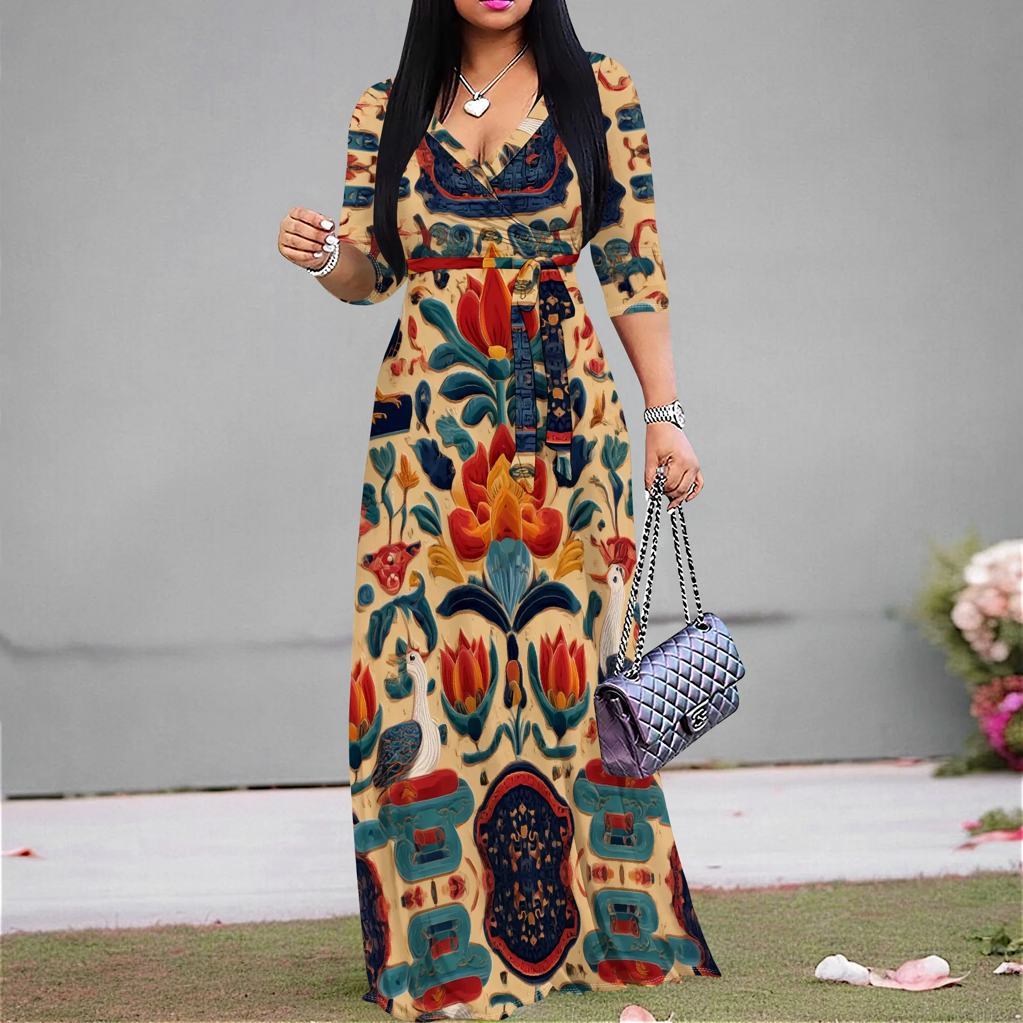 

Folk Art Floral Maxi Dress S‑3XL V‑Neck Wrap Style with Belt for Cultural Event, Art Fair or Fall Gathering Look