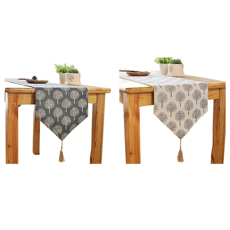 

AT35 Rustic Tree Table Runner Cotton Linen Pattern Washable Floral Tree Table Runner