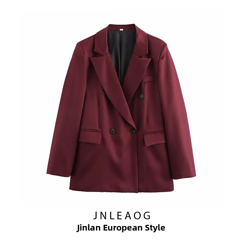 JNLEAOG Nowy Modny Długi Dwurzędowy Garnitur Damski w Kolorze Wina, Elegancki Casualowy Płaszcz z Włókna Poliestrowego