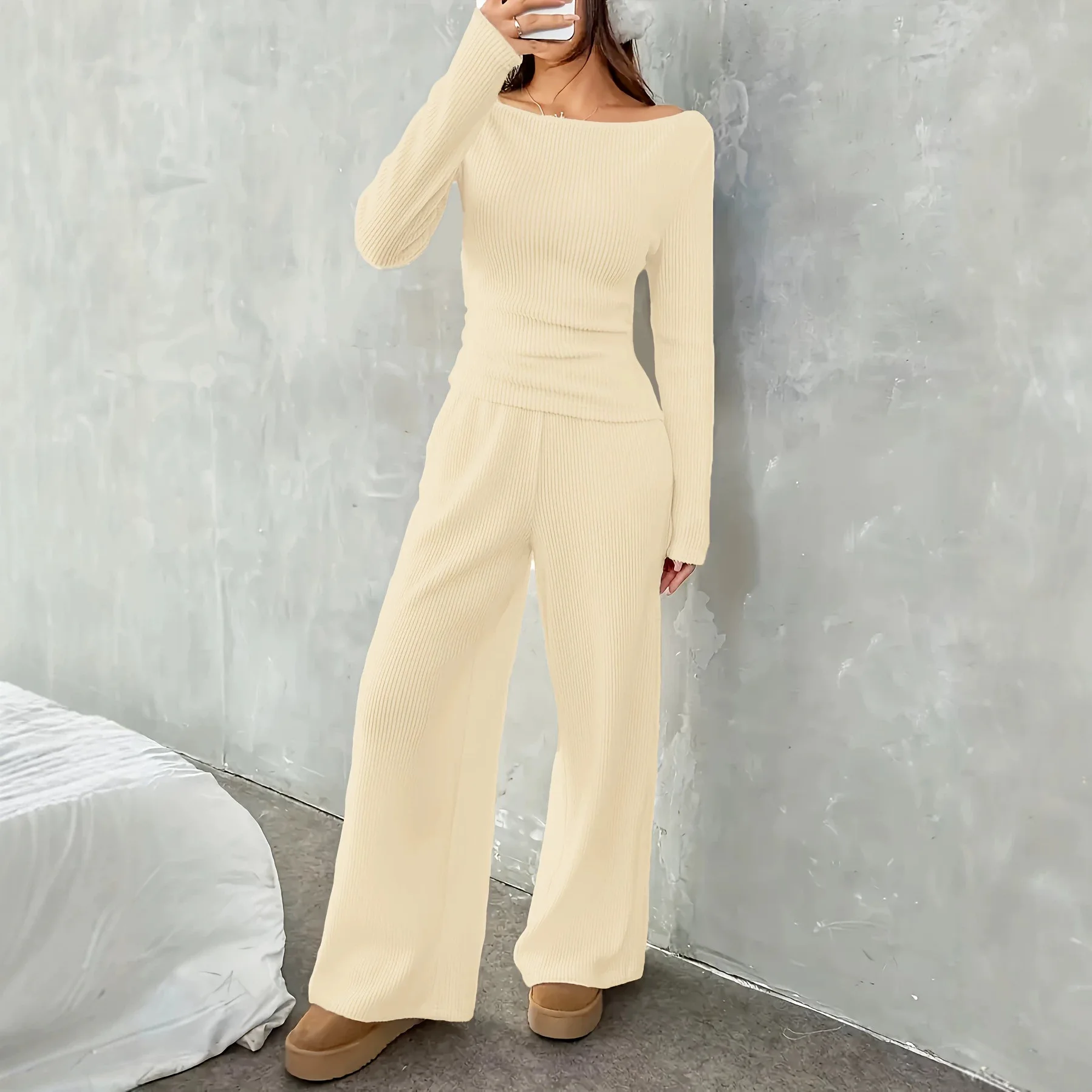 2026 Autumn and Winter New High-end Slim-fitting Long-sleeved Top, Wide-leg Pants Set