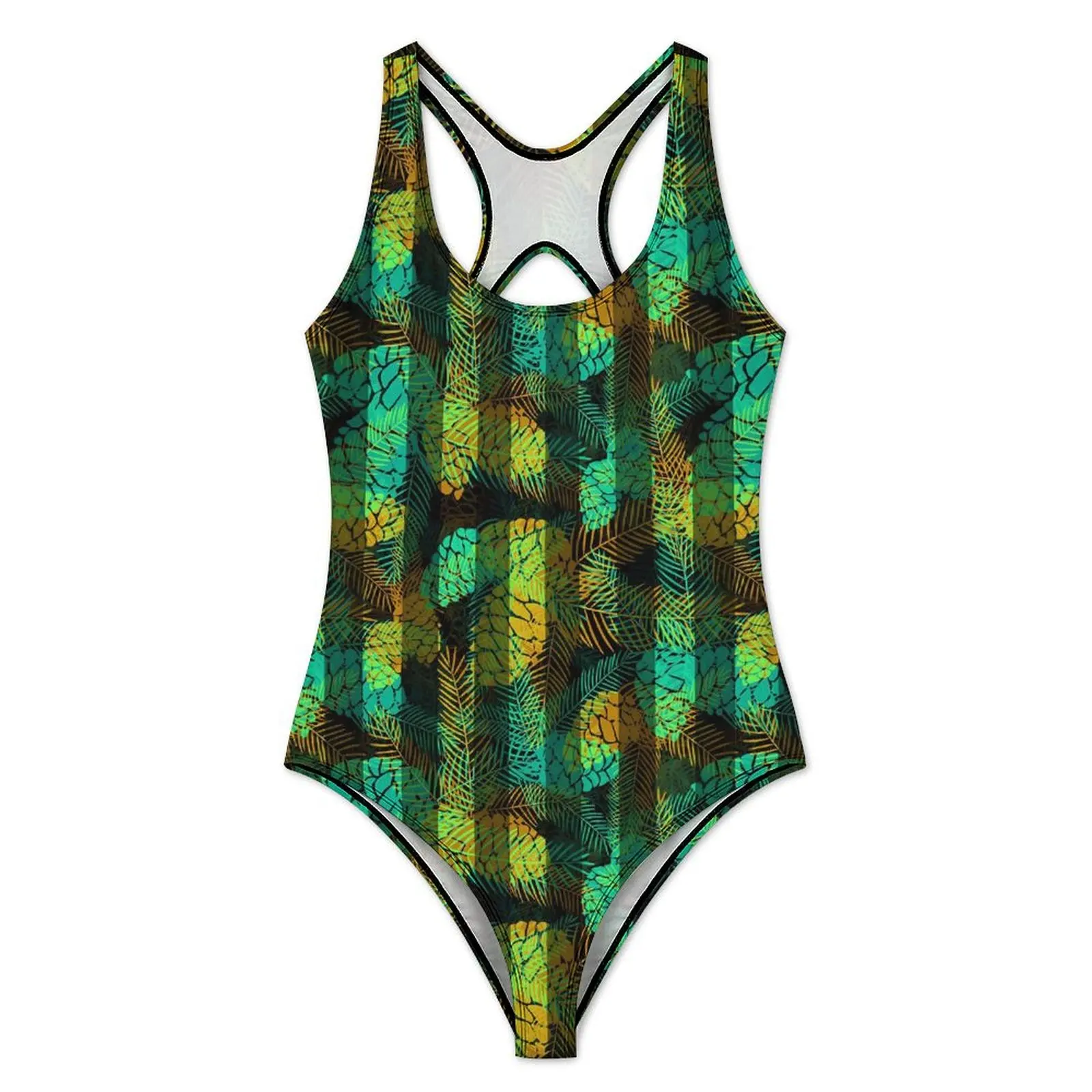 Green Pine Cones Swimsuit Sexy Stripes Print Women Swimwear One Piece Fashion Swimsuits Fitness Push Up Cut Out Beachwear