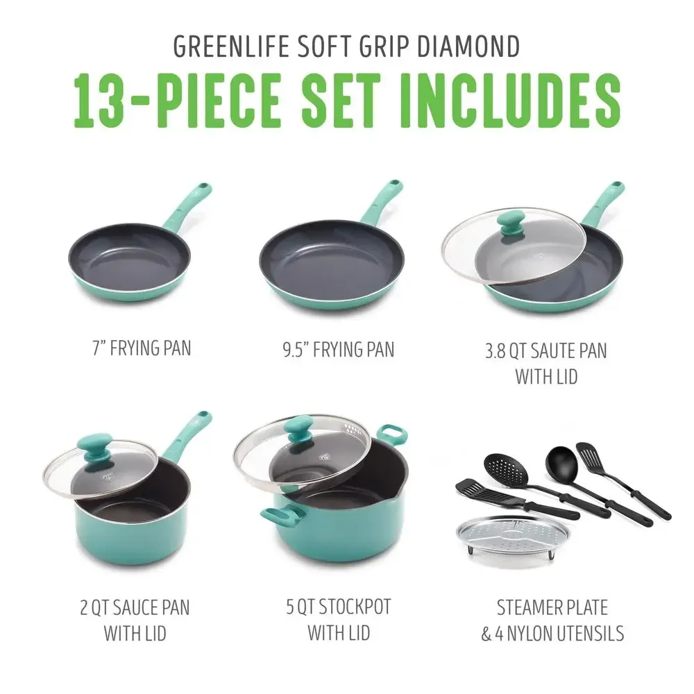 Turquoise Diamond Ceramic Non-stick Cookware Set 13Pc Healthy Reinforced Body Effortless Control Glass Lids Dishwasher Safe