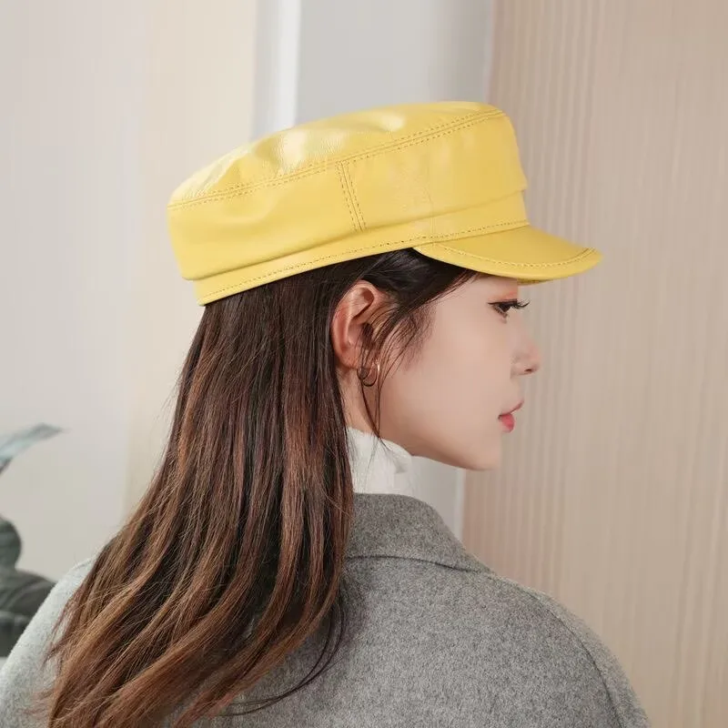Fashion Genuine Leather Sheepskin Suede Leather Army Hat Cadet Visor Women Men's Military Caps for Men Student