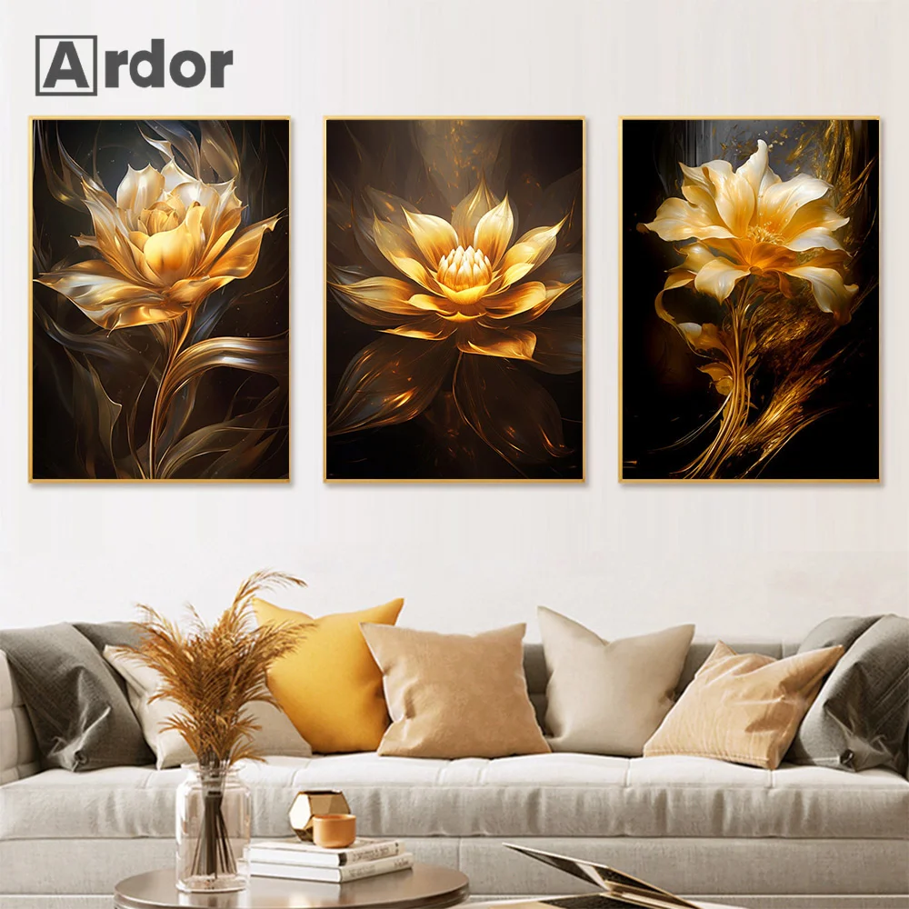 

Golden Black Gold Leaf yellow Flowers Modern Oil Painting Poster Canvas Printing print Wall Art Pictures Living Room Home Decor