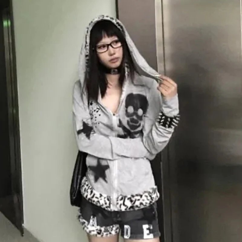 

Rabbit Ears Skull Hooded Gray Sweatshirt Star Long Sleeve Zipper Leopard Print Top Harajuku Y2K Subculture Street Jacket
