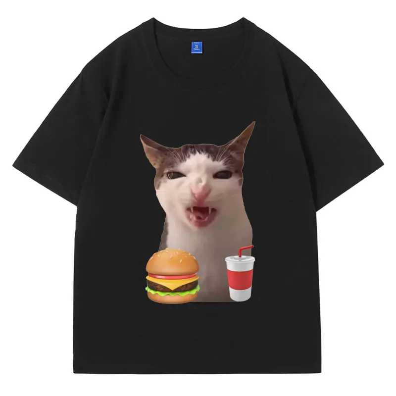 Cat Crunching Food Meme T-shirt Funny Cat Meme T Shirt Men's Women's Summer Fashion Casual T-shirts Oversized Tee Shirts Unisex